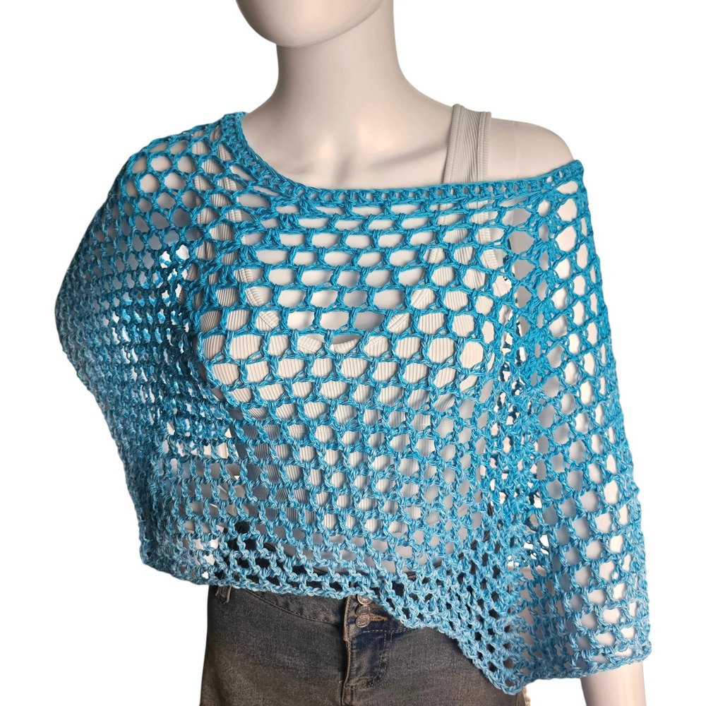 Handmade Crochet Shawl Women Teal Ombre Cotton Boho Poncho - Picture 6 of 12